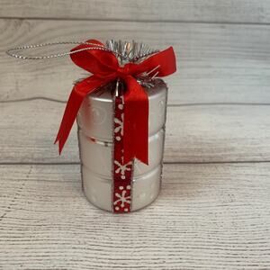 Glass Present Christmas Ornament Silver Stacked Gift Box Red Ribbon Tinsel 4"